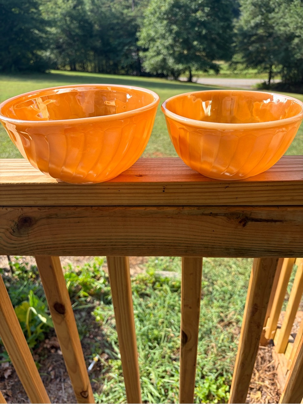 Vintage Fire-King Orange Peach Luster Bowls 7" & 8" Set Of 2 Anchor Hocking